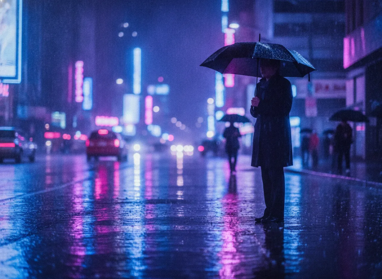 Ночная неоновая улица большого города под дождём, вывески отражаются в мокром асфальте, силуэт с зонтом, кинематографический кадр, сине-пурпурная палитра